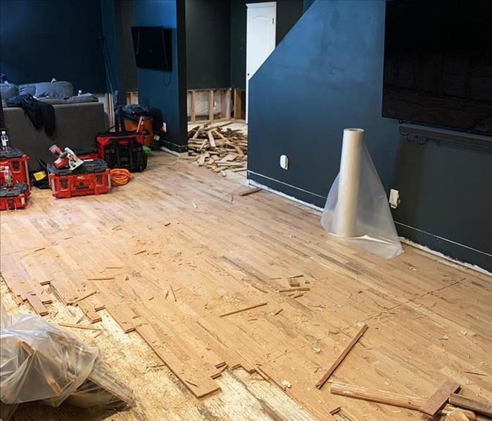 Basement with damaged hardwood floor and drywall